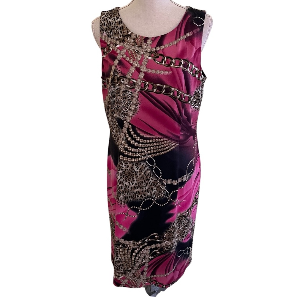 Joseph Ribkoff Pink/Black/Gold Animal and Chain Print Jersey Sheath Dress